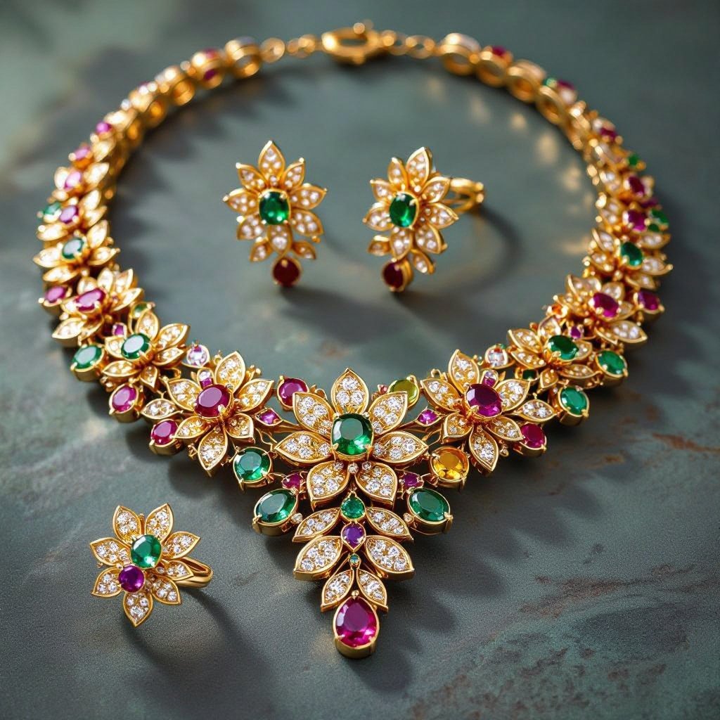 Necklace and ring and earring with luxury colorful jewel with gold