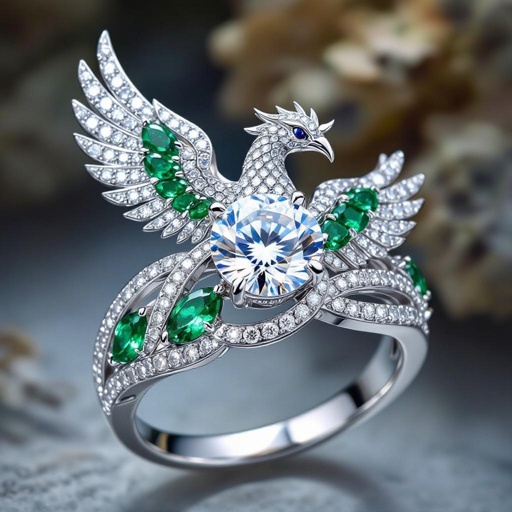 Pendant necklace phoenix printed on it for women Design a luxurious platinum signet ring that embodies the elegance of Art Deco style, featuring a striking phoenix rendered in intricate geometric patterns. Emphasize bold lines and symmetry, with contrasting finishes for depth. Adorn the ring with brilliant-cut diamonds and emeralds, capturing the spirit of rebirth and timeless sophistication.