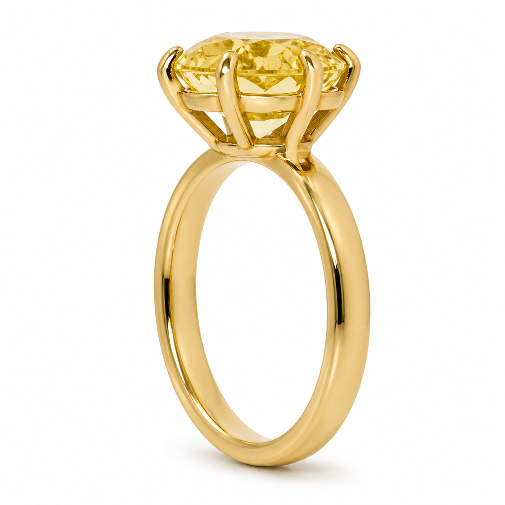 Show the side angle of a 3ct engagement ring with yellow diamond on yellow gold 3mm band with basket setting
photorealistic jewelry design, Show the side angle of a 3ct engagement ring with yellow diamond on yellow gold 3mm band with basket setting
, just the design no text
