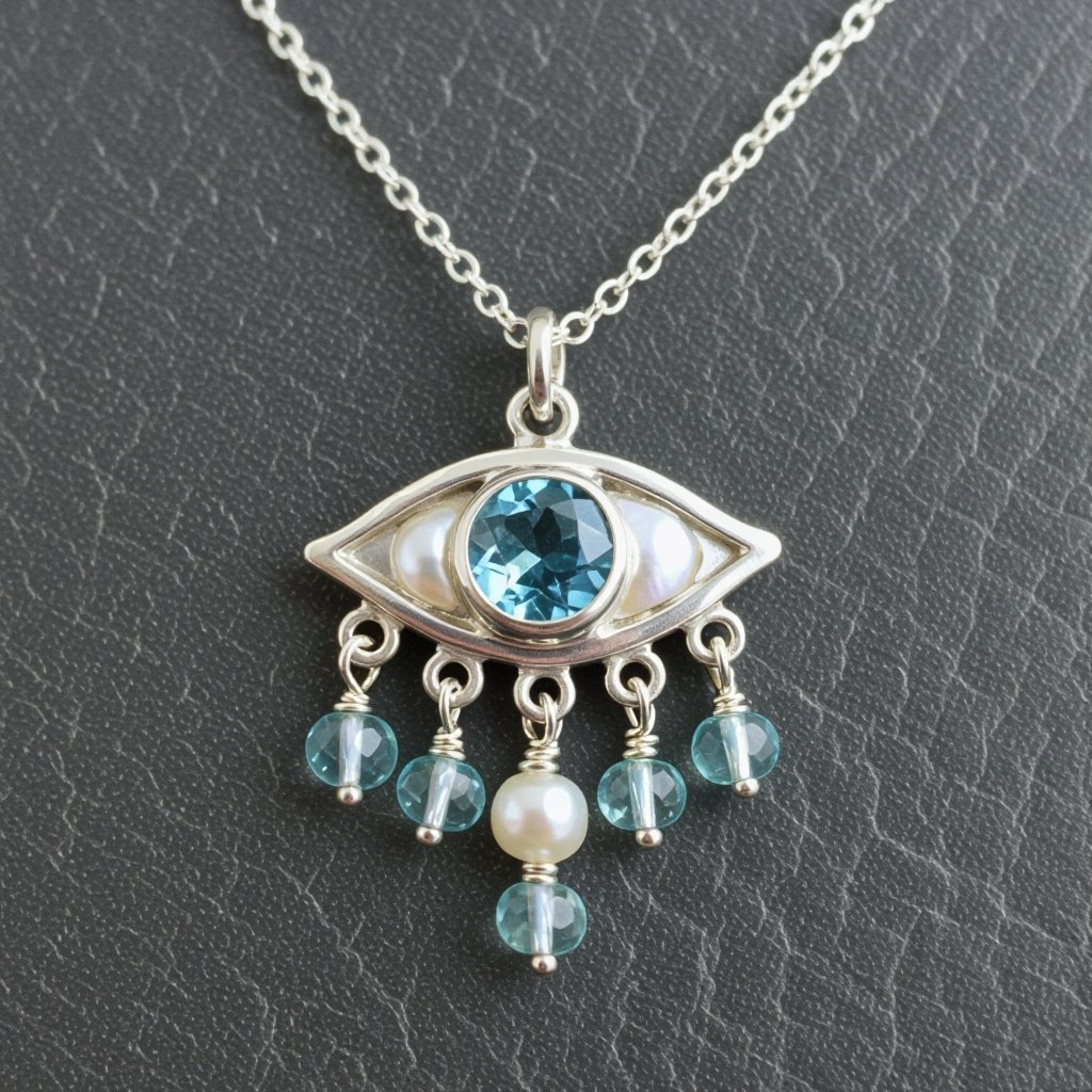Тонкая цепочка с серебряными шариками и мелкими жемчужными камушками на цепочке есть кулон в форме глаза, зрачок глаза из аквамарина от глаза идет маленькая подвеска с маленькими камушками аквамарина 