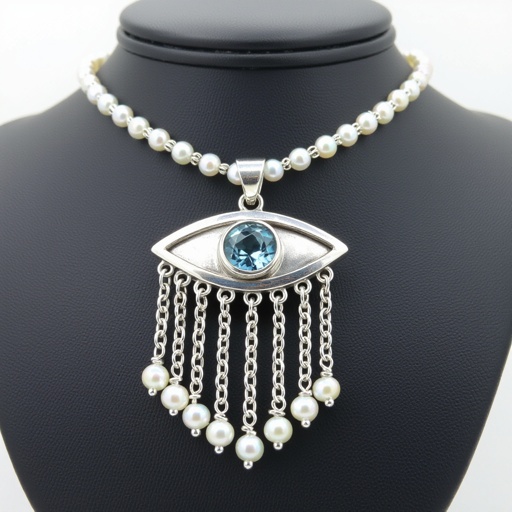 Тонкая цепочка с серебряными шариками и мелкими жемчужными камушками на цепочке есть кулон в форме глаза, зрачок глаза из аквамарина от глаза идет маленькая подвеска с серебряными цепочками разной длины