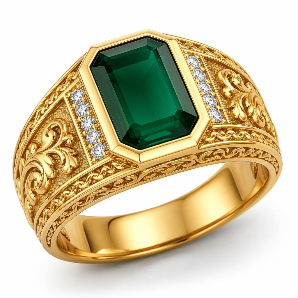 A luxury women's ring made of gold with emerald stones suitable for daily wear, highly ornate, intricate and elaborate, richly detailed. Create a premium men's 22K gold ring by combining these two reference images. Use the ornate engraved floral/vintage band pattern from the first ring. Replace the top with a large emerald-cut deep green gemstone set in a modern hexagonal bezel like the second ring. Add small white diamonds along both shoulders, keeping the sides elegant with subtle engraved details inspired by the first ring. Make the ring bold, luxurious, and suitable for daily wear. Render it as a photorealistic jewelry product on a clean white background with high detail and realistic gold reflections."The Look: The recessed parts of the engraving are treated with a matte, textured finish. The raised parts are highly polished.The Function: This deliberate pairing creates depth and a "3D shadow" effect. It ensures the design stays clearly visible even on a small piece of jewelry.The Look: Symmetrical, curling vine and wave patterns run along the outer borders of the ring band.The Function: This mirrors the Prabhavali (the decorative arch or halo found around deities in Hindu temples) to emphasize the ring's sacred nature.
photorealistic jewelry design, A luxury women's ring made of gold with emerald stones suitable for daily wear, highly ornate, intricate and elaborate, richly detailed. Create a premium men's 22K gold ring by combining these two reference images. Use the ornate engraved floral/vintage band pattern from the first ring. Replace the top with a large emerald-cut deep green gemstone set in a modern hexagonal bezel like the second ring. Add small white diamonds along both shoulders, keeping the sides elegant with subtle engraved details inspired by the first ring. Make the ring bold, luxurious, and suitable for daily wear. Render it as a photorealistic jewelry product on a clean white background with high detail and realistic gold reflections."The Look: The recessed parts of the engraving are treated with a matte, textured finish. The raised parts are highly polished.The Function: This deliberate pairing creates depth and a "3D shadow" effect. It ensures the design stays clearly visible even on a small piece of jewelry.The Look: Symmetrical, curling vine and wave patterns run along the outer borders of the ring band.The Function: This mirrors the Prabhavali (the decorative arch or halo found around deities in Hindu temples) to emphasize the ring's sacred nature., luxury style, just the design no text