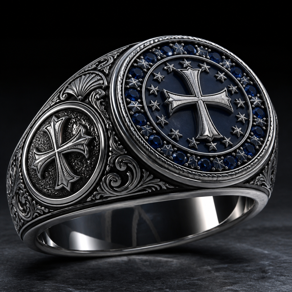 A royal women's ring made of platinum with sapphire stones suitable for daily wear. wide man signet ring, roman empire, with catholic crosses and european union signs
photorealistic jewelry design, A royal women's ring made of platinum with sapphire stones suitable for daily wear. wide man signet ring, roman empire, with catholic crosses and european union signs, royal style, just the design no text