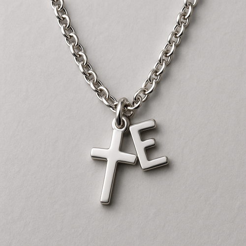 A silver chain with a small cross and a small E.