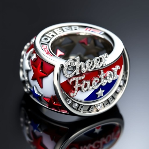 Red white and blue medal ring that says cheer factor