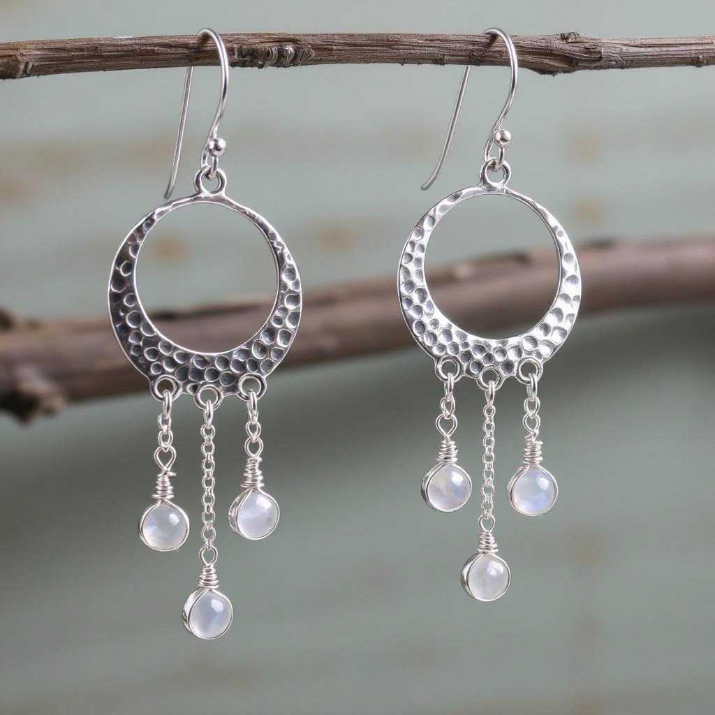 Серебряные серьги словно мятое сер ебро в форме полумесяца. Верхушка полумесяца крепится к застежке серьги.  От полумесяца идет три цепочки, у каждой на конце мелкий камушек лунный камень