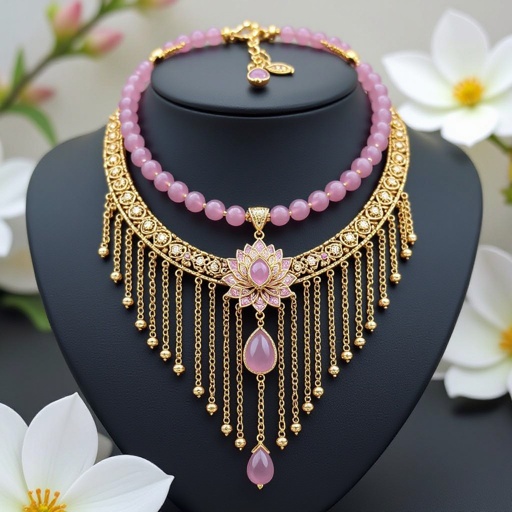 Длинное колье из мелкого розового кварца посредине лотос от лотоса идут цепочки золотые вниз