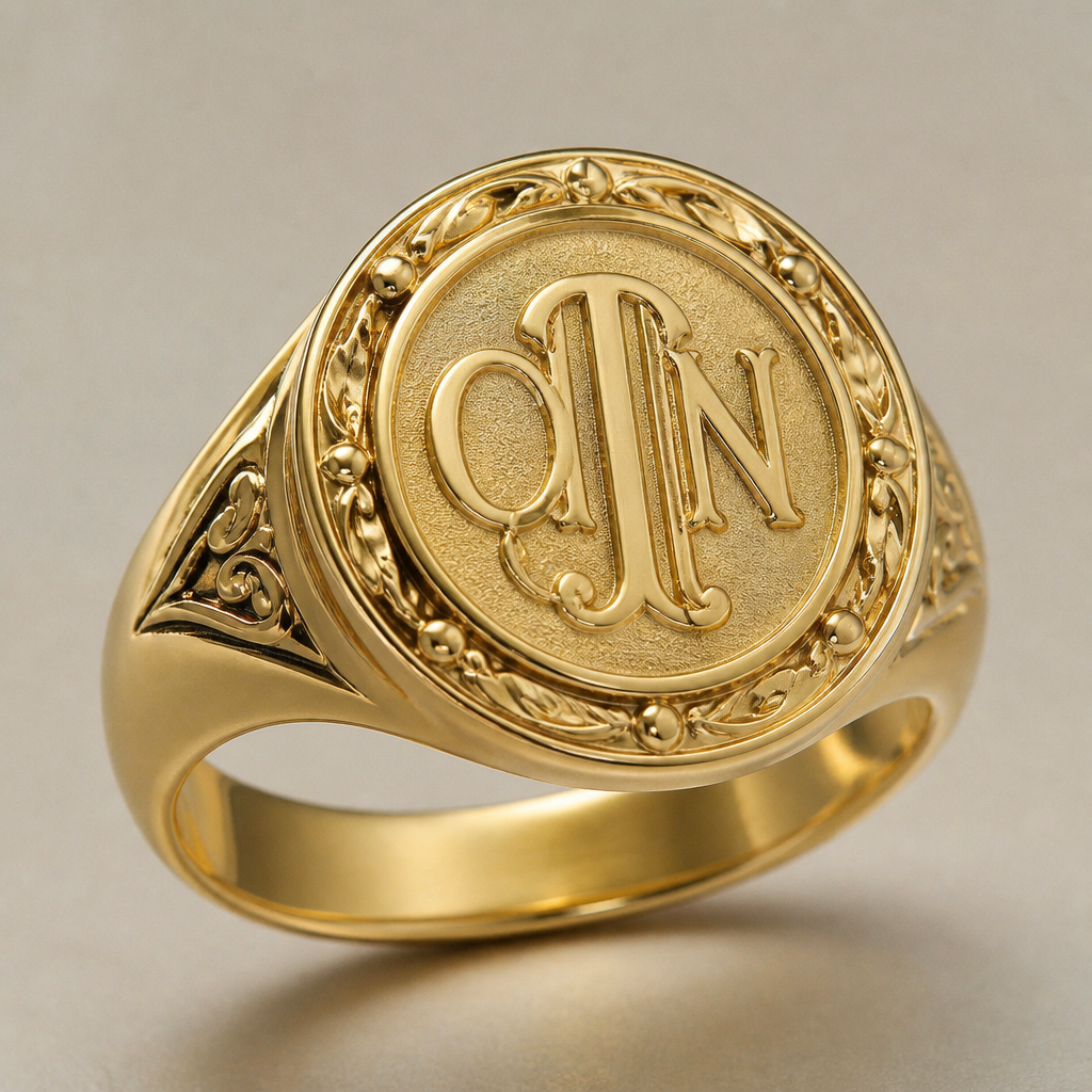 Round design signet ring with initials O T N
photorealistic jewelry design, Round design signet ring with initials O T N, heritage style, just the design no text