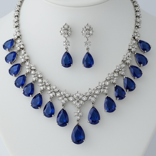 luxury necklace style and luxury earring set Platinum necks lace, sapphire pear drops, diamond accents, prong setting. Matching platinum earrings, sapphire pear drops, diamond accents, prong setting.