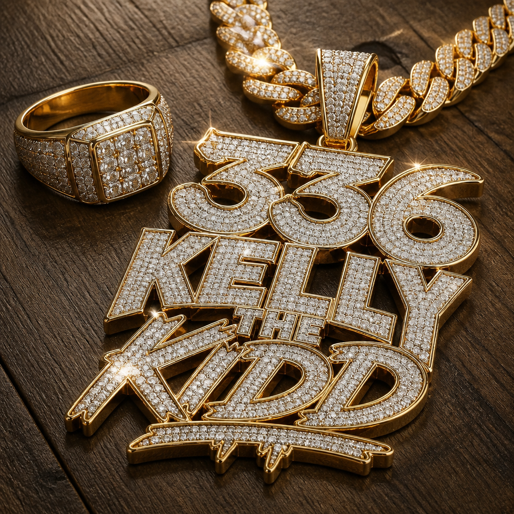 A men's ring made of gold with diamond stones. create a gangster rapper necklace made of diamonds and gold with the words "336 Kelly The Kidd" on it, make it on a wooden table with lots of detail such as lighting and the diamonds shining
photorealistic jewelry design, A men's ring made of gold with diamond stones. create a gangster rapper necklace made of diamonds and gold with the words "336 Kelly The Kidd" on it, make it on a wooden table with lots of detail such as lighting and the diamonds shining, modern style, just the design no text