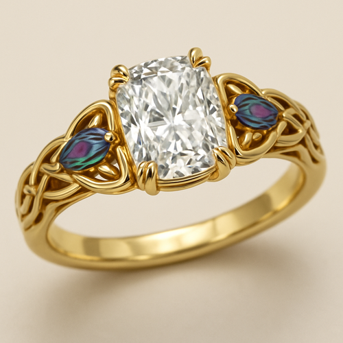 2 carat elongated cushion cut diamond engagement ring with double claw prongs in yellow gold ring with marquise shaped alexandrite side stones 