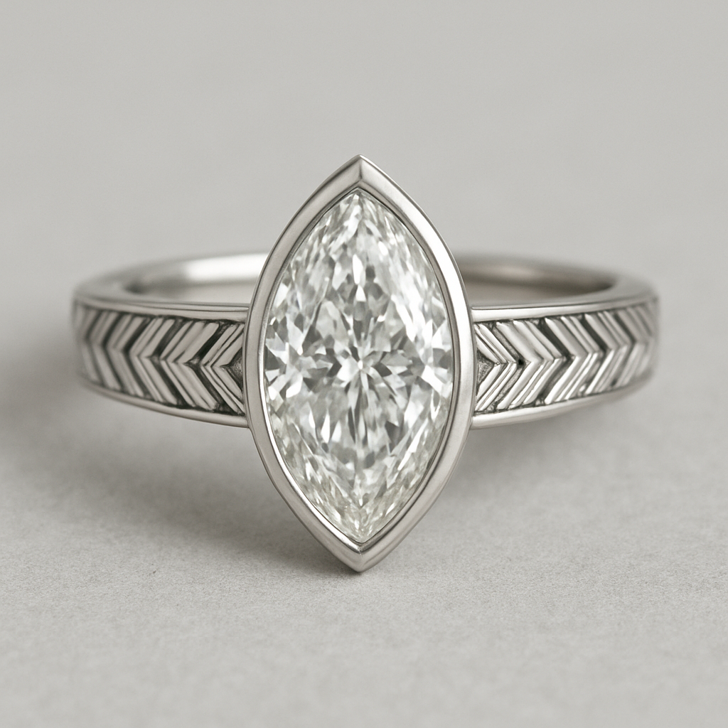 Bezel set 6 carat marquise diamond center stone with baguette diamonds in a herringbone pattern in the band