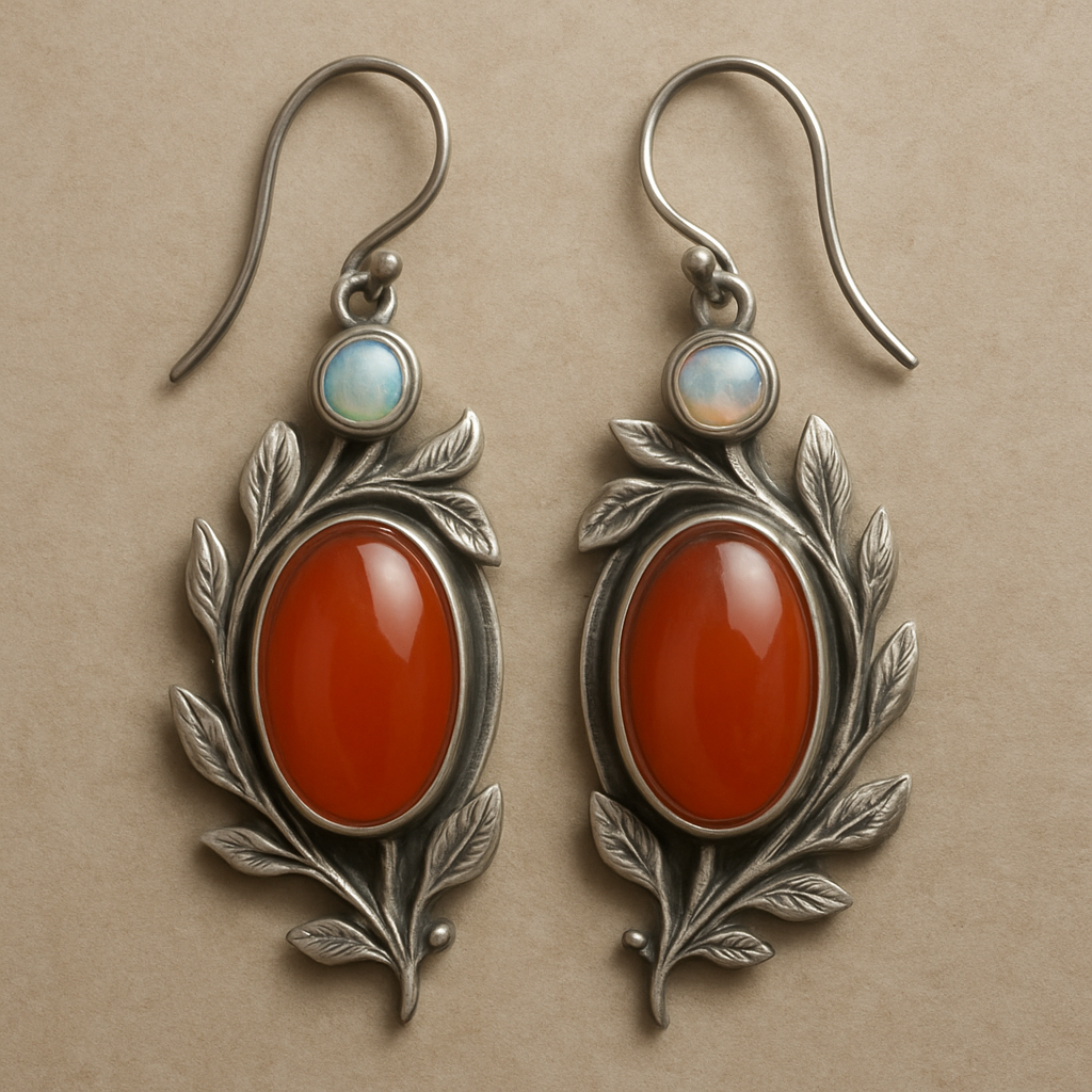 Carnelian oval stone, silver earrings with round opal accent