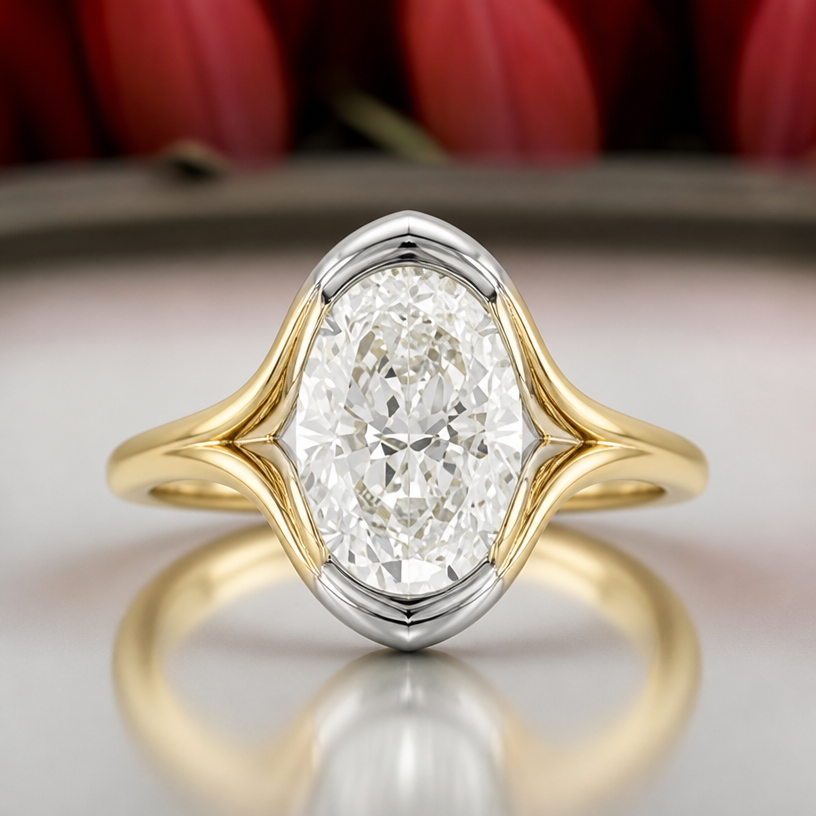 A women's ring. is there a way to keep the platinum part only on the north and south sides of the stone
using the attached image as a visual reference, create A women's ring. is there a way to keep the platinum part only on the north and south sides of the stone. photorealistic, just the design no text