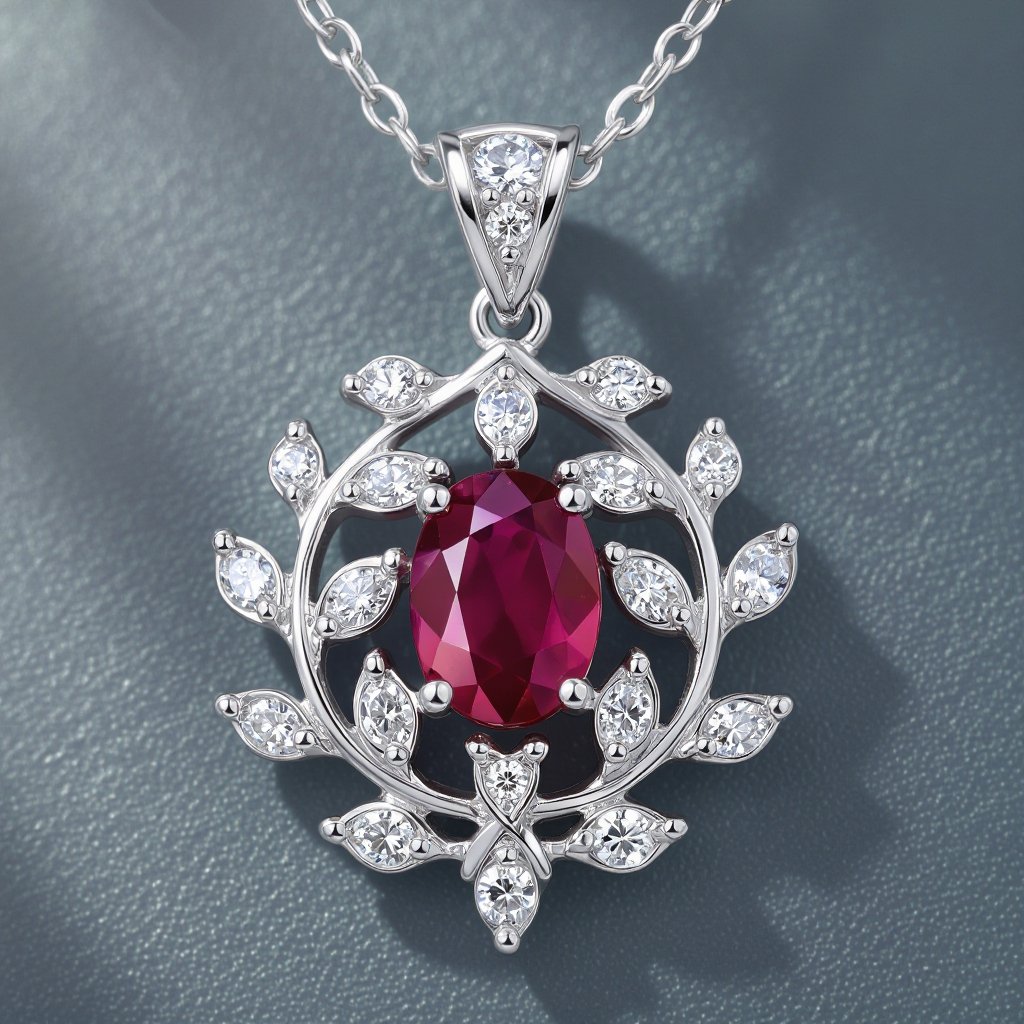 7x5mm oval pigeon blood ruby with 8 marquis cut diamonds each .08ct set in white gold pendant 