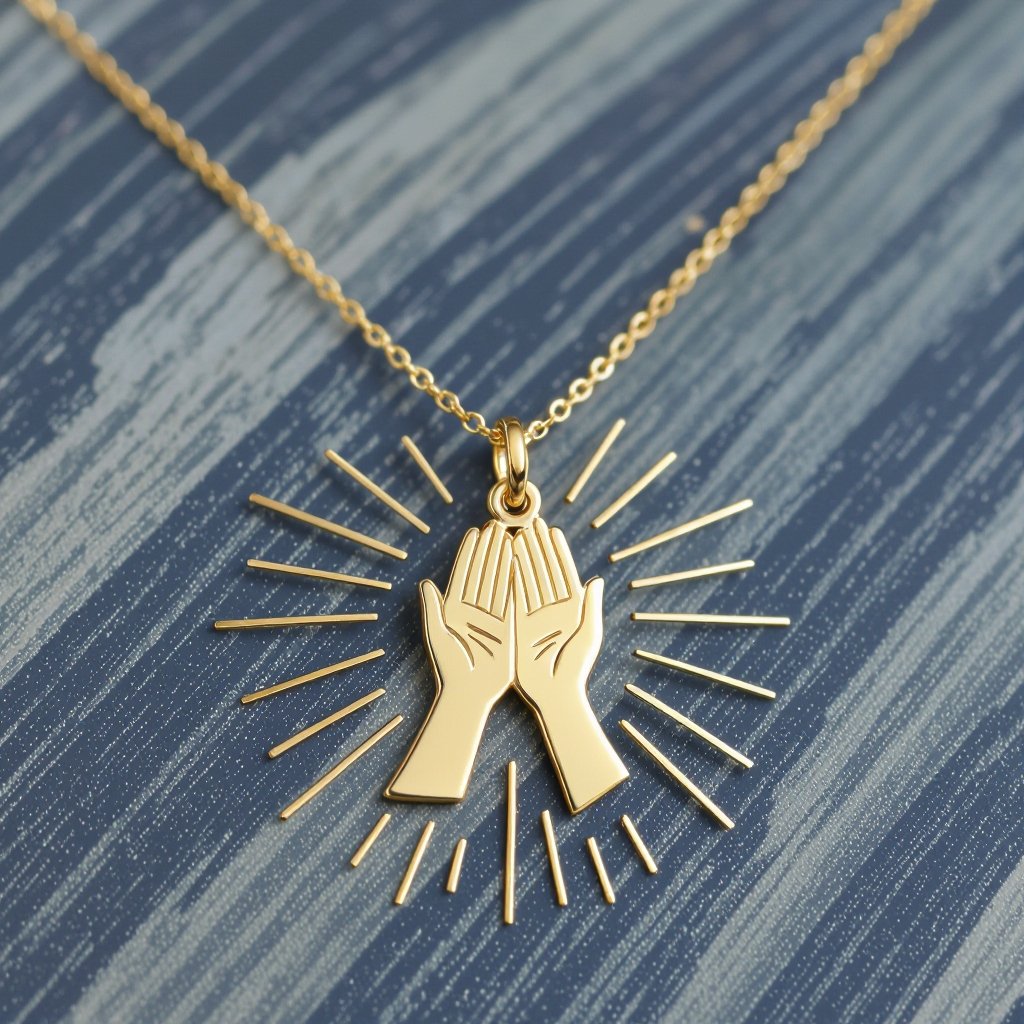 Украшение на шею золотая цепочка с подвеской в виде двух ладоней сложенных в молитве и от них исходит свет в стороны