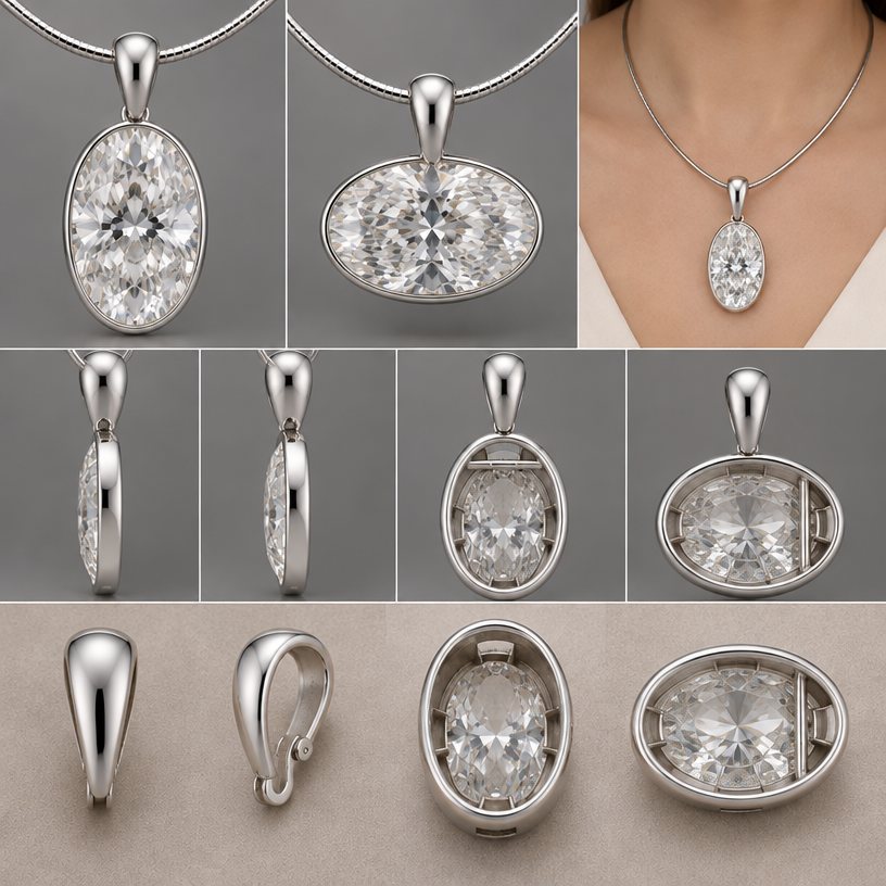 Design Correction: 2-Way Convertable Bezel Pendant (North-South & East-West)
Zero External Loops & Clean Perimeter:
Set the 7.04ct oval diamond in a sleek, ultra-slim plain bezel setting.
Strictly NO external loops, jump rings, or protruding attachment elements on the outer perimeter of the bezel. The outer oval silhouette must remain completely smooth, clean, and unblemished from all angles.
Internal Open-Back Gallery with Cross-Bars (The Connection System):
The back of the bezel features an open gallery (hollowed out).
Inside this open hollow space of the back gallery, place a built-in metal cross-bar (bridge) flush across the inner wall at the 12 o'clock position (for vertical wear) and another at the 3 o'clock position (for horizontal wear).
The detachable enhancer bail's bottom hook must directly latch onto these internal cross-bars hidden inside the open back. No loops should ever be placed on the outer edge of the bezel.
Enhancer Bail & Versatility:
Use a plain, highly polished solid white gold teardrop enhancer bail that attaches directly to the internal bars. This allows the pendant to be worn seamlessly in both North-South (vertical) and East-West (horizontal) orientations on an omega chain.
edit the attached jewelry design with these instructions: Design Correction: 2-Way Convertable Bezel Pendant (North-South & East-West)
Zero External Loops & Clean Perimeter:
Set the 7.04ct oval diamond in a sleek, ultra-slim plain bezel setting.
Strictly NO external loops, jump rings, or protruding attachment elements on the outer perimeter of the bezel. The outer oval silhouette must remain completely smooth, clean, and unblemished from all angles.
Internal Open-Back Gallery with Cross-Bars (The Connection System):
The back of the bezel features an open gallery (hollowed out).
Inside this open hollow space of the back gallery, place a built-in metal cross-bar (bridge) flush across the inner wall at the 12 o'clock position (for vertical wear) and another at the 3 o'clock position (for horizontal wear).
The detachable enhancer bail's bottom hook must directly latch onto these internal cross-bars hidden inside the open back. No loops should ever be placed on the outer edge of the bezel.
Enhancer Bail & Versatility:
Use a plain, highly polished solid white gold teardrop enhancer bail that attaches directly to the internal bars. This allows the pendant to be worn seamlessly in both North-South (vertical) and East-West (horizontal) orientations on an omega chain.. keep it photorealistic, just the design no text