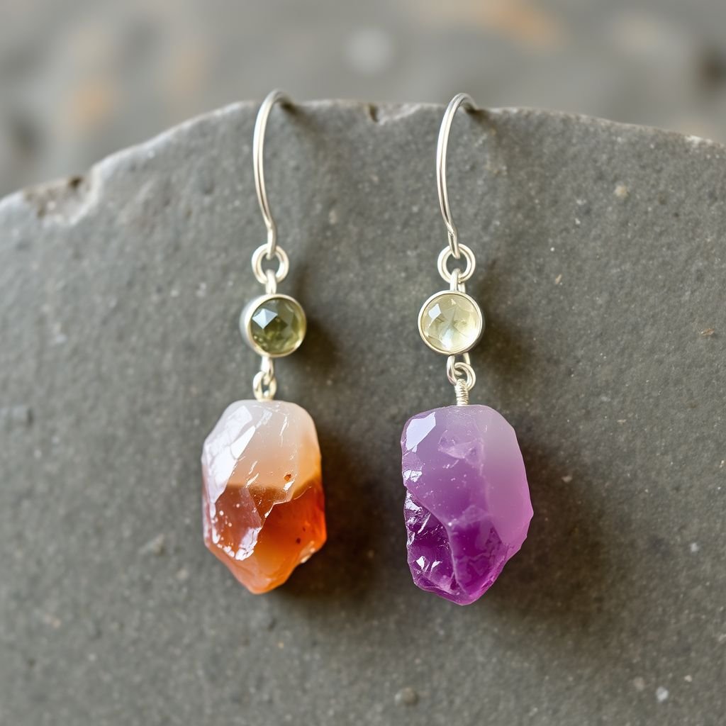 Earrings, Silver minimal, raw gemstone, elegant 
