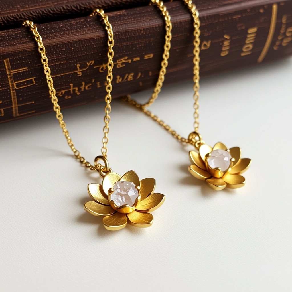 Серьги золото изящный маленький плоский лотос с необработанным маленьким хрусталем в центре, от лотоса идет золотая цепочка вниз с еще одним маленьким камушком хрусталя