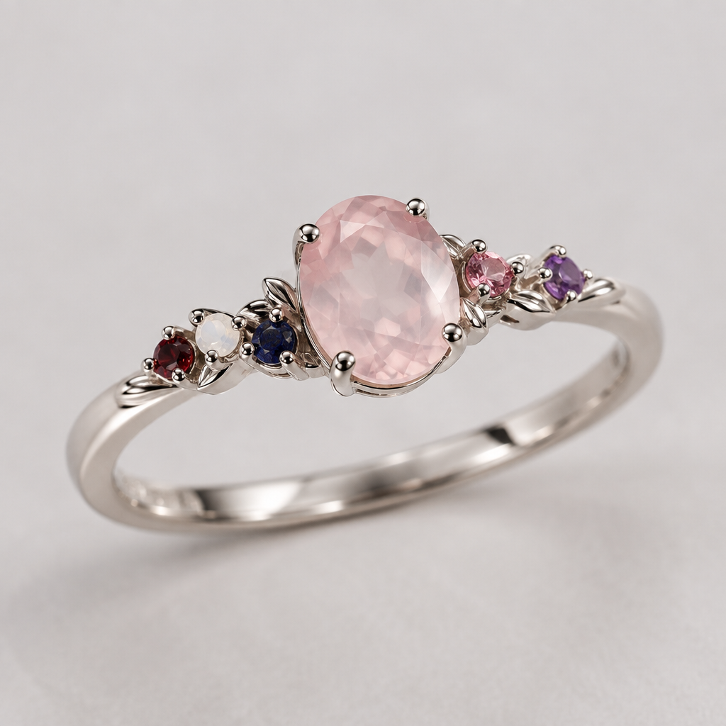 A minimalist women's ring made of white gold suitable for wedding. colorful wedding ring with love gems like rose quartz, rhodonite, lapis lazuli, garnet, moonstone, and amethyst. with rose quartz being the main stone and the others much smaller
photorealistic jewelry design, A minimalist women's ring made of white gold suitable for wedding. colorful wedding ring with love gems like rose quartz, rhodonite, lapis lazuli, garnet, moonstone, and amethyst. with rose quartz being the main stone and the others much smaller, minimalist style, just the design no text