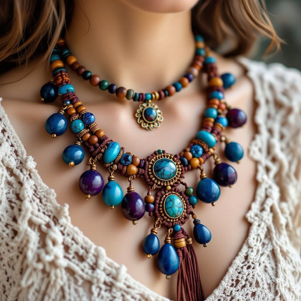 Necklace with plums and macramé, brown and blue