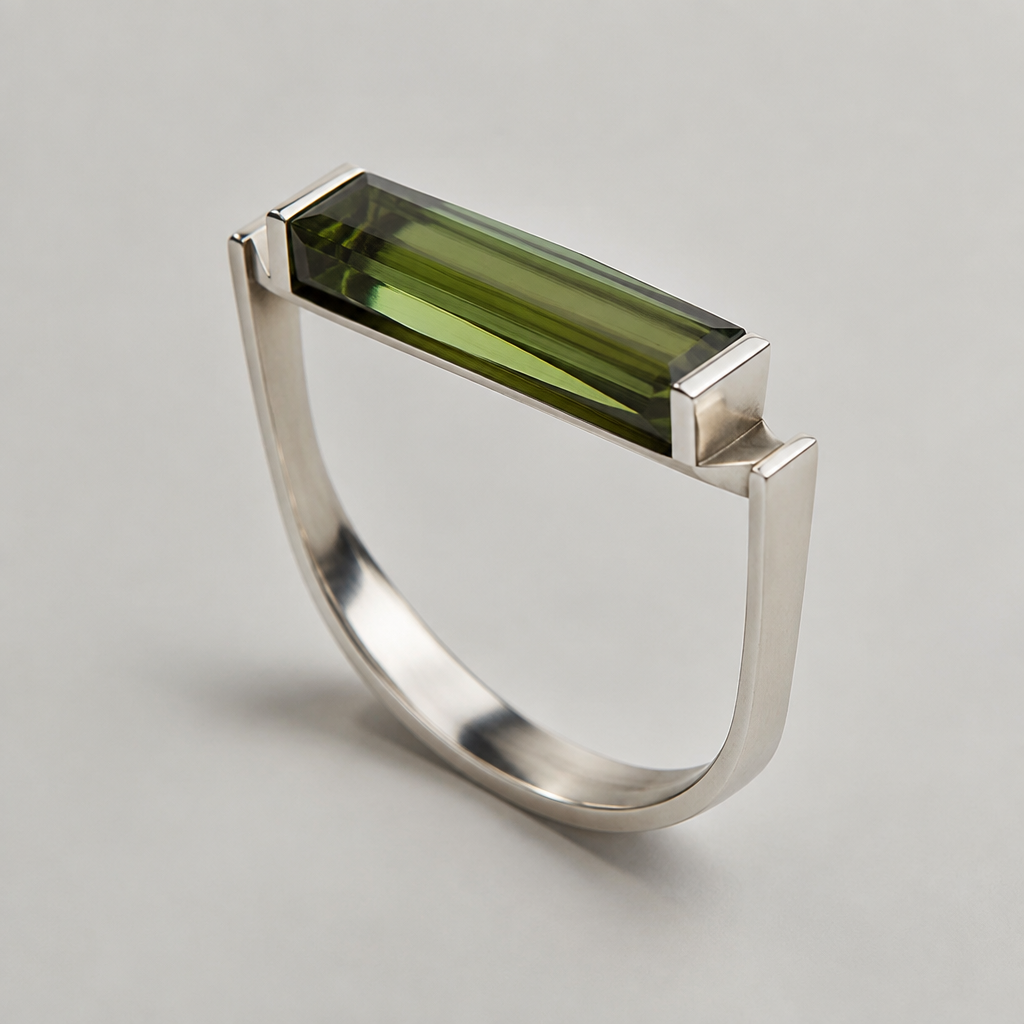 A women's ring made of silver, ultra-minimalist, very simple and clean, understated, no embellishments. I have a long rectangle tourmaline. I want you to make something youve never seen made
photorealistic jewelry design, A women's ring made of silver, ultra-minimalist, very simple and clean, understated, no embellishments. I have a long rectangle tourmaline. I want you to make something youve never seen made, modern style, just the design no text