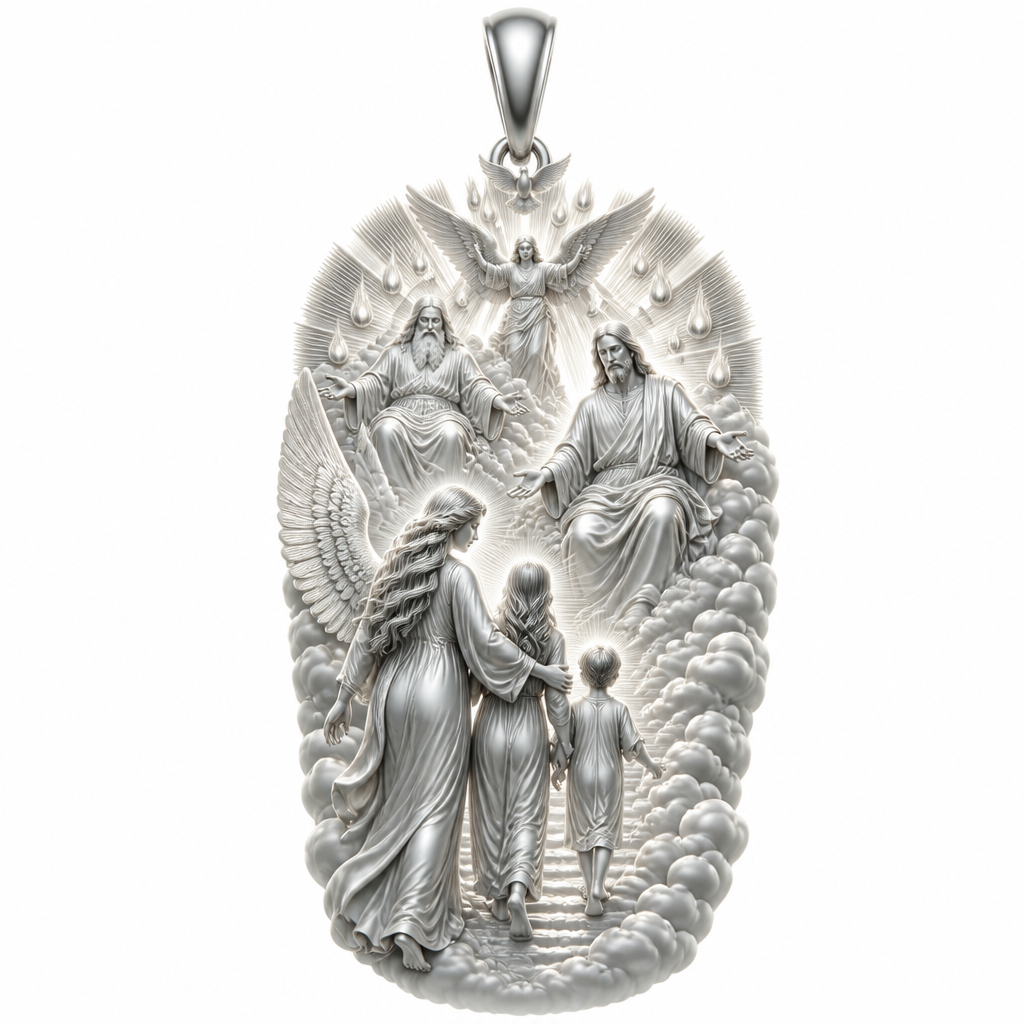 A modern women's pendant made of silver suitable for festival. An extraordinary excellent beautiful delicate and elegant pendant with the Guardian Angel with a beautiful delicate and elegant face, with long hair, with big wings flying, with a beautiful delicate elegant and with beautiful curves at her body, with a beautiful delicate and elegant tunic holding a child and an adult with its hands protecting them and guiding them on the way of the Holy Trinity. Sawing the way of the Holy Trinity in front of them God the Father, God the Son and God the Holy Spirit, the Holy Spirit to be as an Angel with a dove under the Angel surrounded by tongues of fire radiating light to the persons and the Guardian Angel, without the surrounding metals of the pendant. All the persons and the surrounding area to be 3D like statues. With less metal of the pendant and more accurate persons and only the persons and the clouds and the rayes of light. Less metal at the pendant and more 3D persons to be seen all the persons 3D. The persons to be sawn going straight on the way to the Holy Trinity. Part of the face of the persons to be seen.