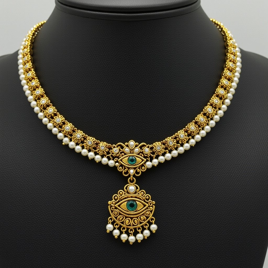 Кулон на длинной цепочке. Матовое светлое золото. В цепочке небольшие золотые шарики и жемчуг. Кулон это перевернутый глаз, снизу еще два глаза узоры завитушки 