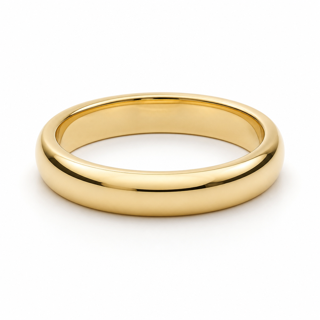A minimalist women's ring made of gold. "A minimalist solid 18k yellow gold wedding band, tire-shaped style with a twist: the upper surface is not flat, but features a slightly domed, gently rounded profile towards the edges. Exact proportions: 2.5mm width and 2.5mm thickness, creating a thick, robust, and substantial look. High-polish finish on the rounded edges, luxury jewelry rendering, realistic macro shot, white studio background."
photorealistic jewelry design, A minimalist women's ring made of gold. "A minimalist solid 18k yellow gold wedding band, tire-shaped style with a twist: the upper surface is not flat, but features a slightly domed, gently rounded profile towards the edges. Exact proportions: 2.5mm width and 2.5mm thickness, creating a thick, robust, and substantial look. High-polish finish on the rounded edges, luxury jewelry rendering, realistic macro shot, white studio background.", minimalist style, just the design no text