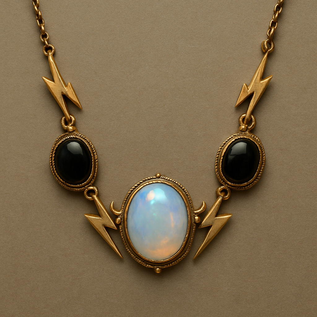 Opalite and onyx necklace linked with gold lightening strikes
