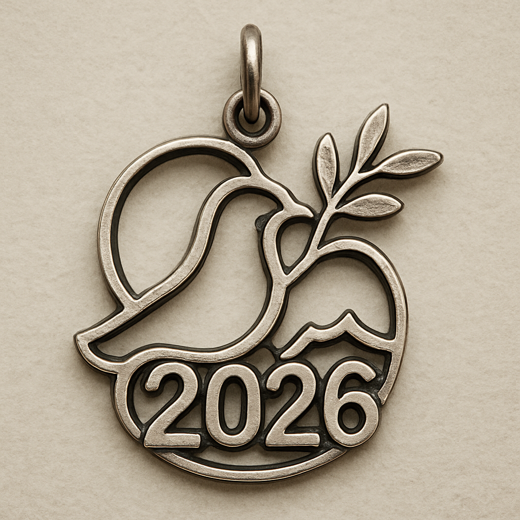 Silver minimal cut-out abstract charm blending together the pigeon of peace hold an olive branch along the year 2026