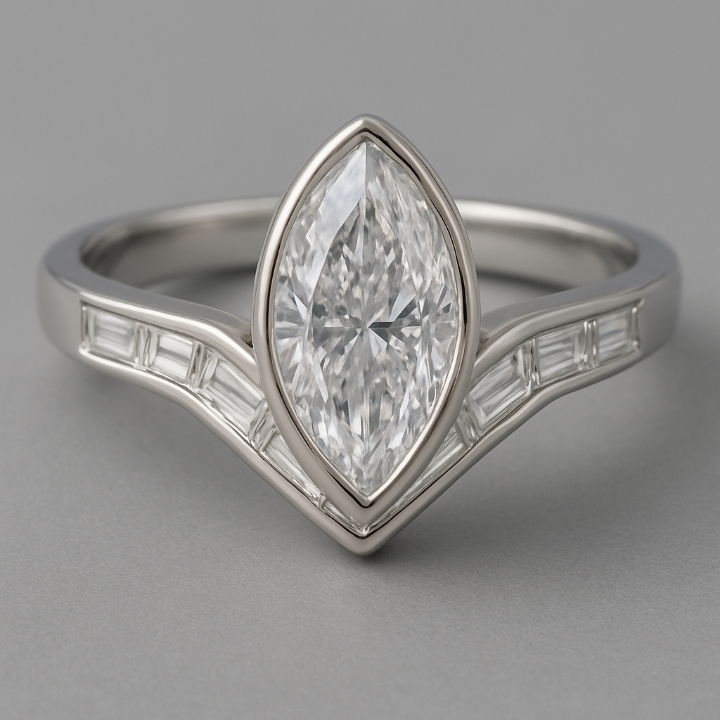 Bezel set 6 carat marquise diamond center stone with baguette diamonds in a chevron pattern in the band