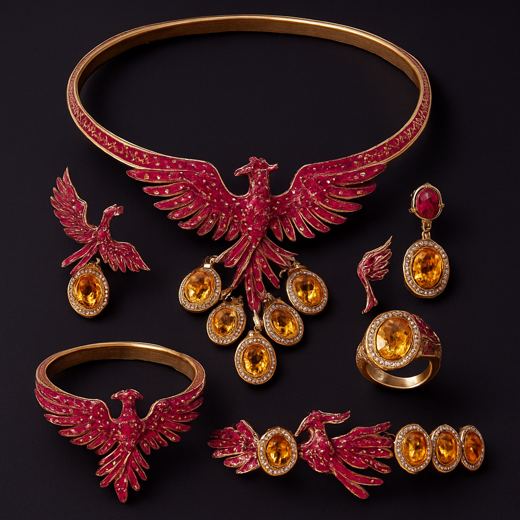 A full Ruby jewelry set including bracelet, earrings and rings with at least 10 citrine and topaz inlays with phoenix themes and an omega necklace