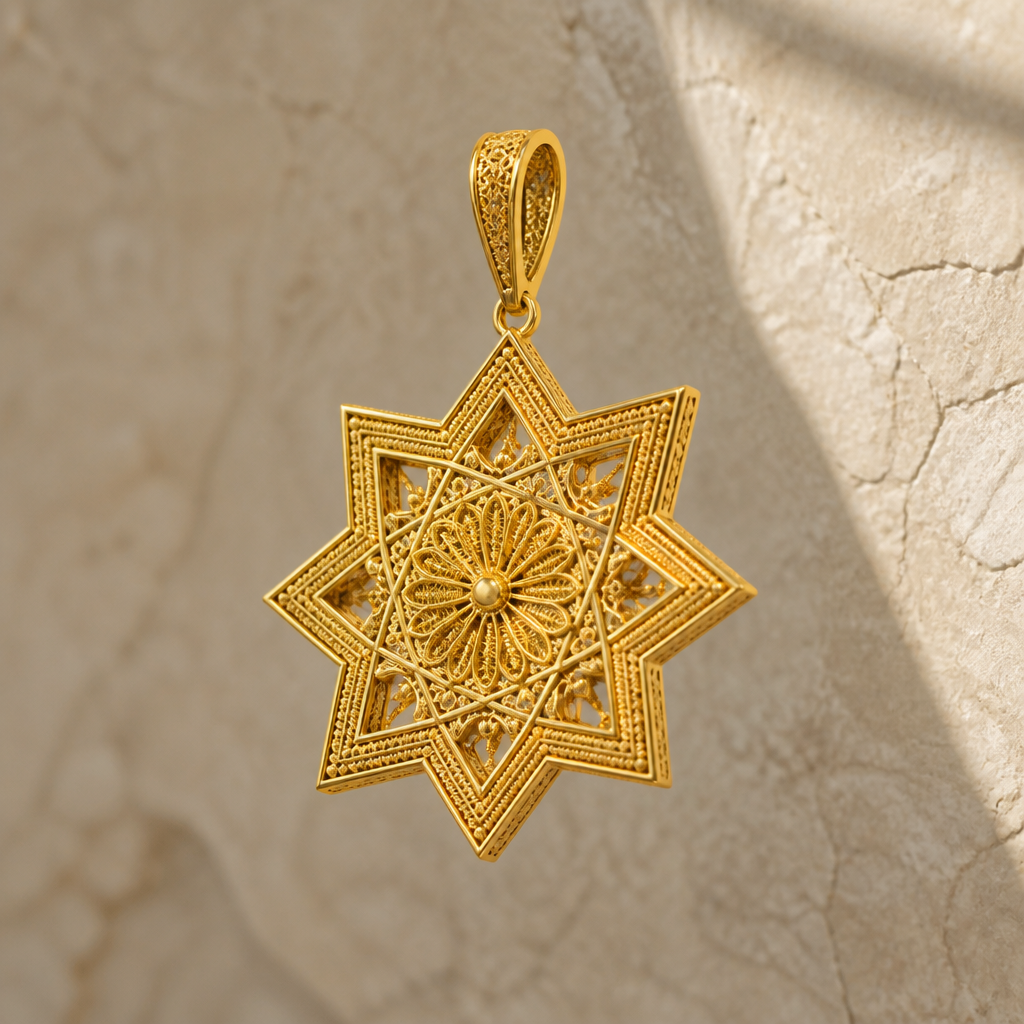 Prompt: A modern Arabic Sayaqah style pendant made of pure 21k yellow gold. The pendant is shaped as a complex geometric star with sharp lines and micro-filigree details. Premium jewelry catalog photography, floating in front of a clean beige stone texture, side-angle lighting highlighting the gold engravings, photorealistic, 8k. --ar 16:9
photorealistic jewelry design, Prompt: A modern Arabic Sayaqah style pendant made of pure 21k yellow gold. The pendant is shaped as a complex geometric star with sharp lines and micro-filigree details. Premium jewelry catalog photography, floating in front of a clean beige stone texture, side-angle lighting highlighting the gold engravings, photorealistic, 8k. --ar 16:9, just the design no text