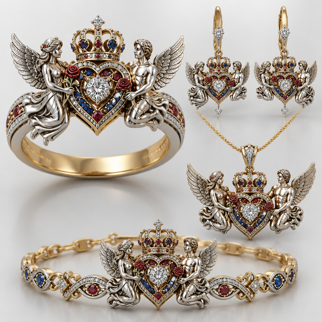 A luxury women's ring made of mixed metal with diamond and ruby and sapphire stones suitable for wedding. An extraordinary beautiful delicate elegant and excellent set of jewelry with a beautiful delicate and elegant ring, two ear rings, a pendant and a bracelet with a heart at the middle and a diamond in the middle of the heart over the heart to be placed a beautiful delicate and elegant queen crown with a diamond in the middle and rubies and sapphires all around the crown, with an extraordinary beautiful delicate and elegant female Angel with a beautiful delicate and elegant face with long hair holding a heart with Her right hand and a rose with Her left hand at the right side of the heart and an extraordinary beautiful delicate and elegant male Angel with an extraordinary beautiful delicate elegant and fit body with a beautiful delicate and elegant face with short hair holding a heart with His right hand and a rose with His left hand at the left side of the heat. Both Angels to be placed to all the items of the set. The Angels to be adult Angels at all the items of the set. The crown to be placed on the heart. at