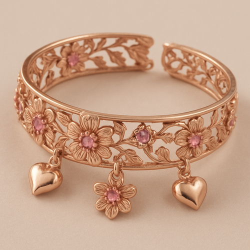 Rose gold bracelet with intricate floral patterns