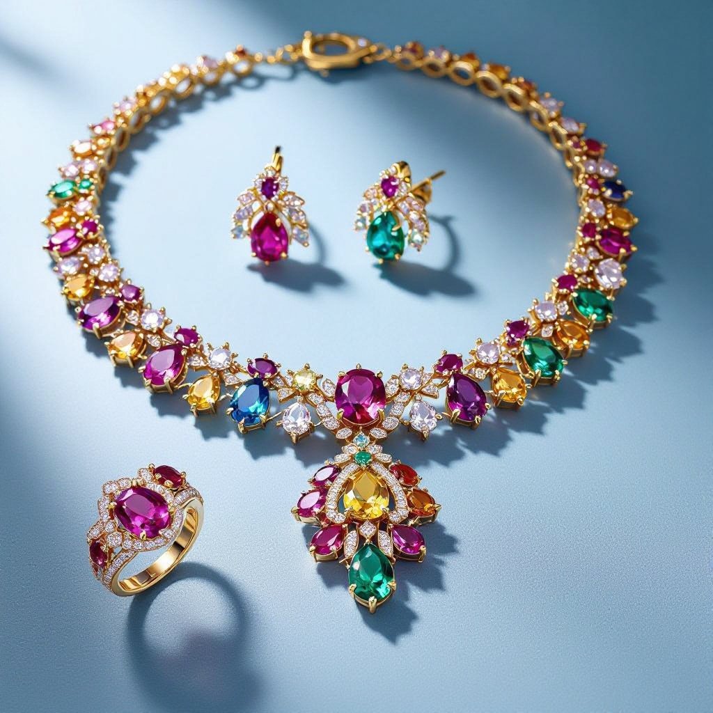 Necklace and ring and earring with luxury colorful jewel with gold