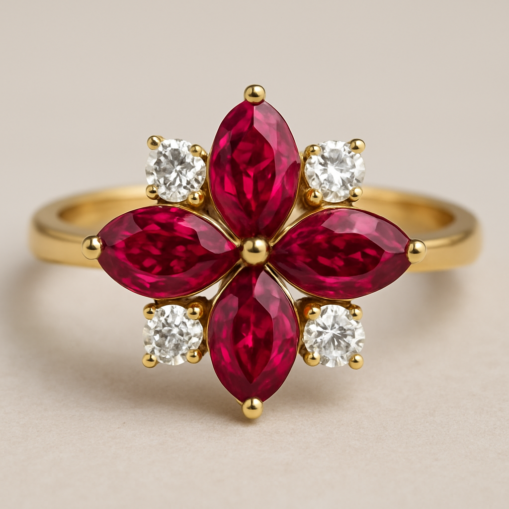 Three leaves shaped Ruby and seven diamond surrounding those ruby