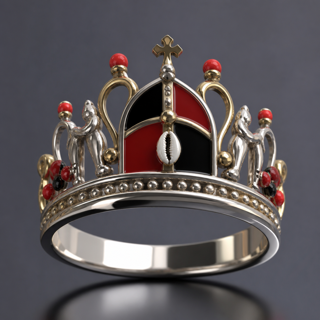 A women's ring. anillo de corona con Elegua santería
photorealistic jewelry design, A women's ring. anillo de corona con Elegua santería, modern style, just the design no text