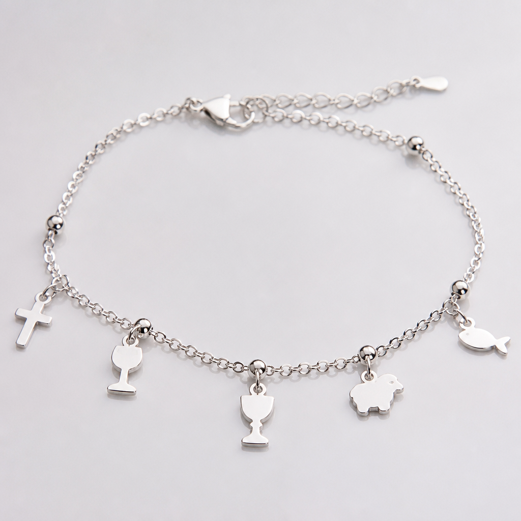 A minimalist women's bracelet made of white gold suitable for daily wear, detailed and decorative, moderately ornate. uma pulseira de prata com pingentes sobre cruz, taça de vinho, cálice,ovelinha,peixe, esses pingentes em e fofos
photorealistic jewelry design, A minimalist women's bracelet made of white gold suitable for daily wear, detailed and decorative, moderately ornate. uma pulseira de prata com pingentes sobre cruz, taça de vinho, cálice,ovelinha,peixe, esses pingentes em e fofos, minimalist style, just the design no text
