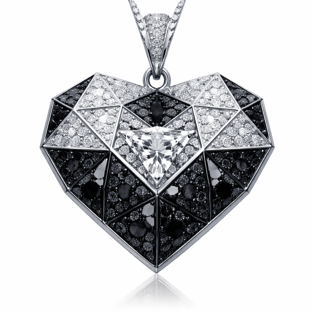 Geomatric pendant of heart of ede style and shape white black diamonds of love ahapr