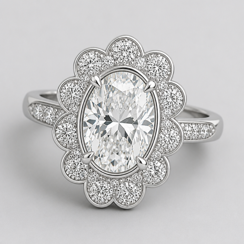 Make it a ring with softer rounder petals
edit the attached jewelry design with these instructions: Make it a ring with softer rounder petals. keep it photorealistic, just the design no text