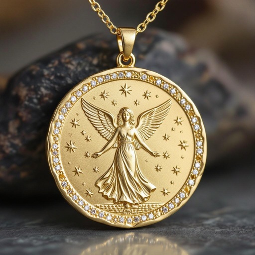 Золотой матовый медальон в форме неровного круга с неровными краями. По краям выпуклые точки сплошной линией. На круге выгравирован ангел без фигуры, видно только крылья и вокруг здездочки и разные узоры и украшен миниатюрными камнями