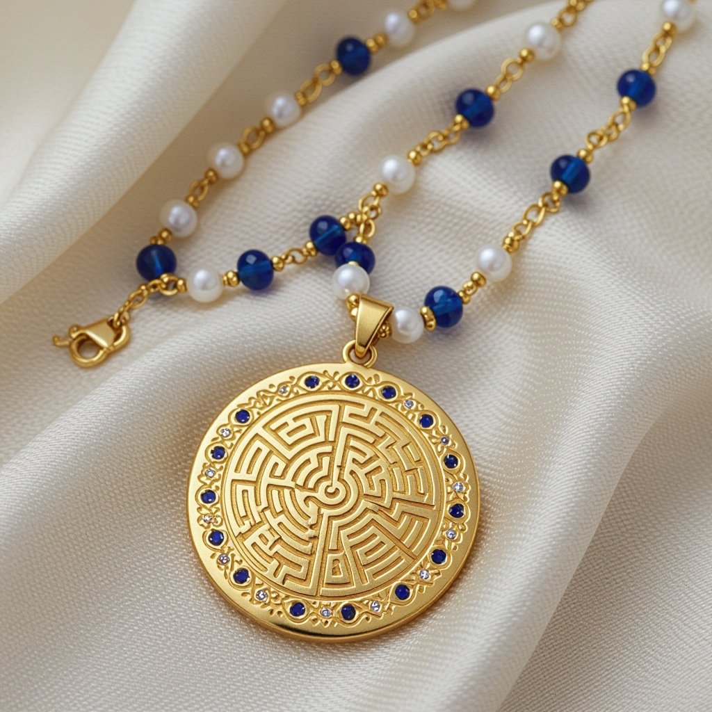 Кулон на длинной цепочке. Матовое светлое золото. В цепочке небольшие золотые шарики и синие камушки и жемчуга. Кулон в форме неровного мятого круга. На круге изображен лабиринт и украшен узорами и мелкими камушками 