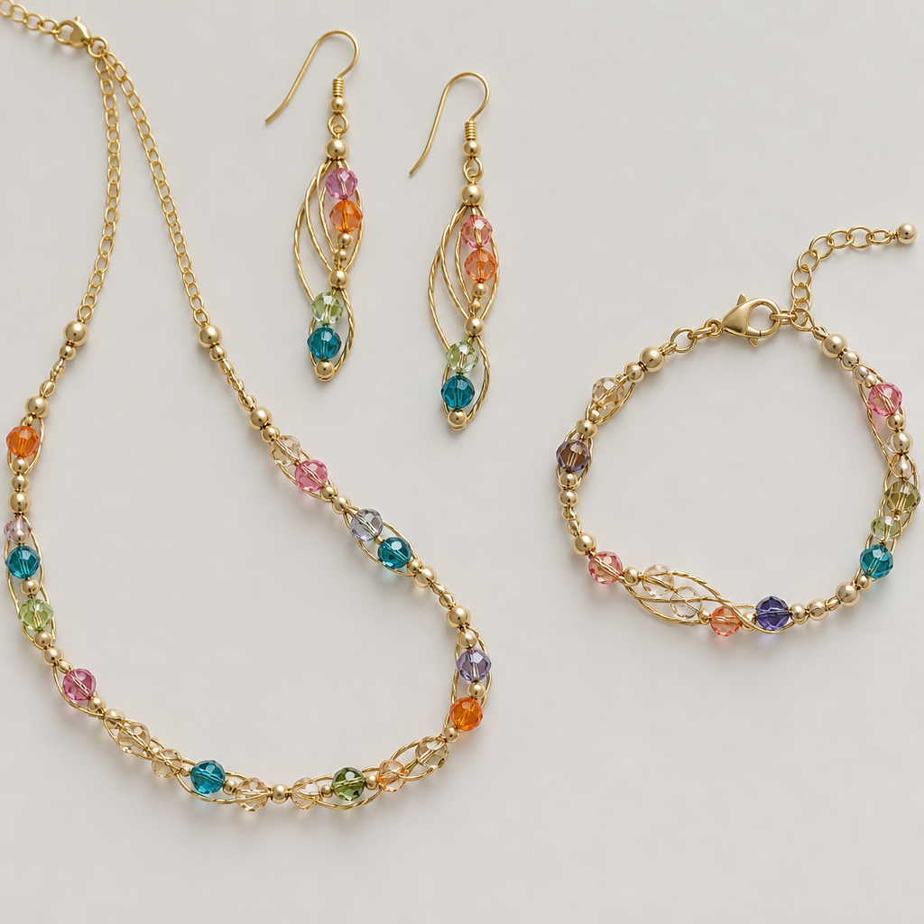 A modern women's earrings made of gold suitable for daily wear. made from wire, seed beads and crystal beads an colorful set of earrings with matching bracelet and necklace
photorealistic jewelry design, A modern women's earrings made of gold suitable for daily wear. made from wire, seed beads and crystal beads an colorful set of earrings with matching bracelet and necklace, modern style, just the design no text