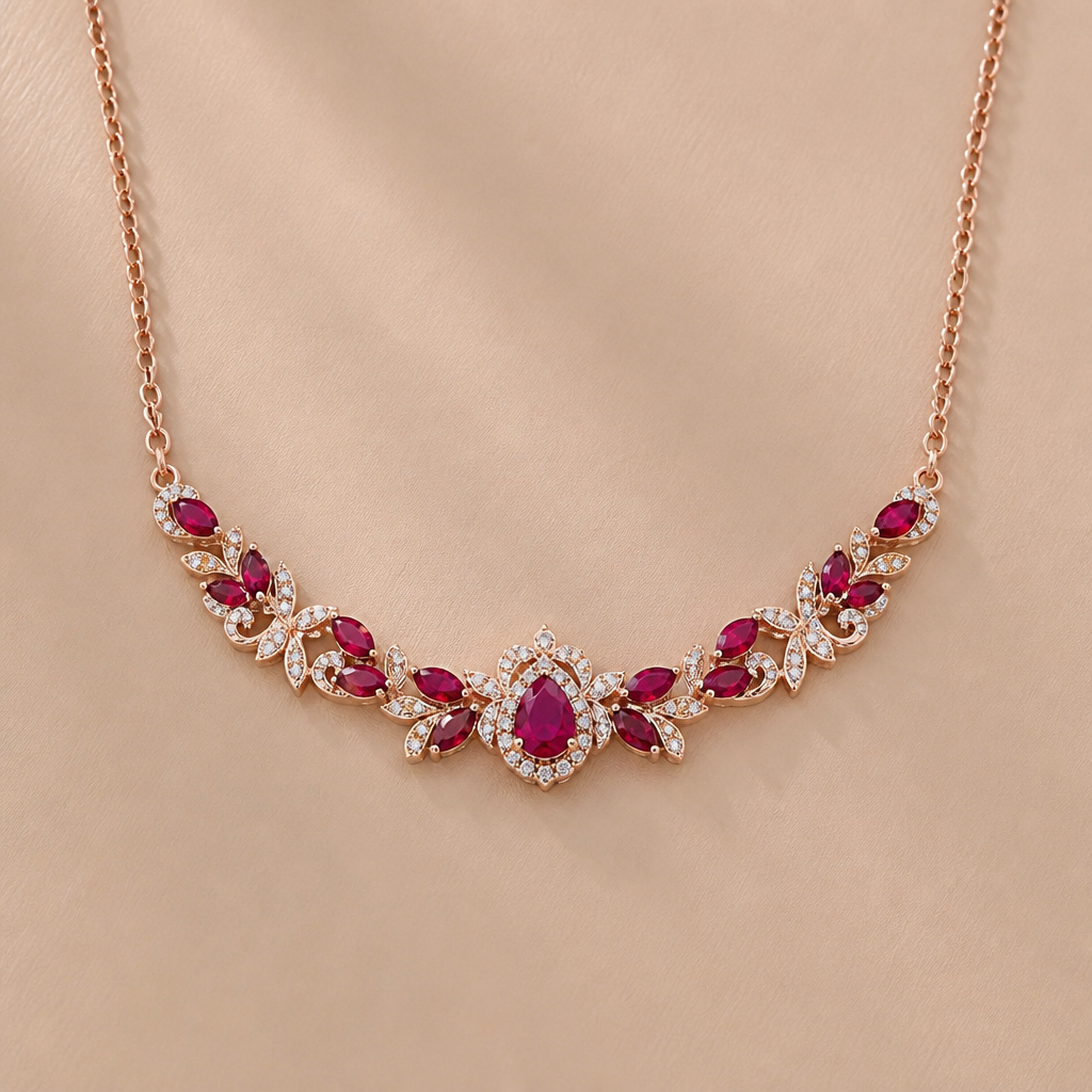 A classic women's necklace made of rose gold with ruby stones. any time wear
photorealistic jewelry design, A classic women's necklace made of rose gold with ruby stones. any time wear, classic style, just the design no text