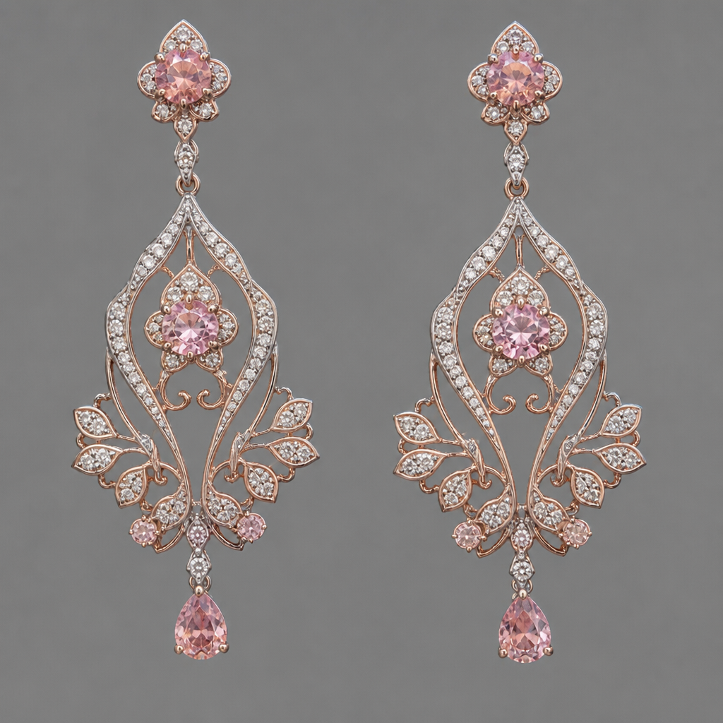 A art nouveau women's earrings with diamond stones. pink diamonds
photorealistic jewelry design, A art nouveau women's earrings with diamond stones. pink diamonds, art_nouveau style, just the design no text