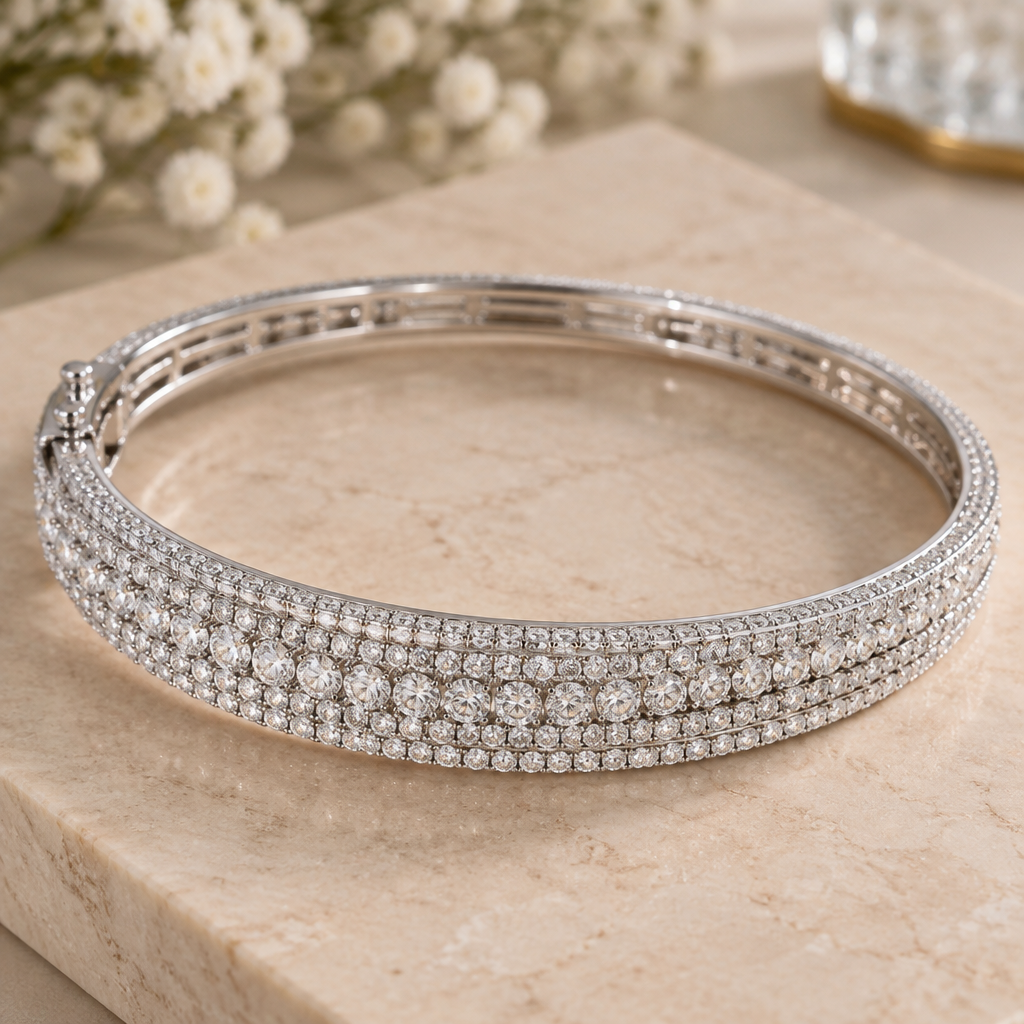A bangle women's bracelet made of white gold with diamond stones suitable for formal, detailed and decorative, moderately ornate. five diamond line
photorealistic jewelry design, A bangle women's bracelet made of white gold with diamond stones suitable for formal, detailed and decorative, moderately ornate. five diamond line, bangle style, just the design no text