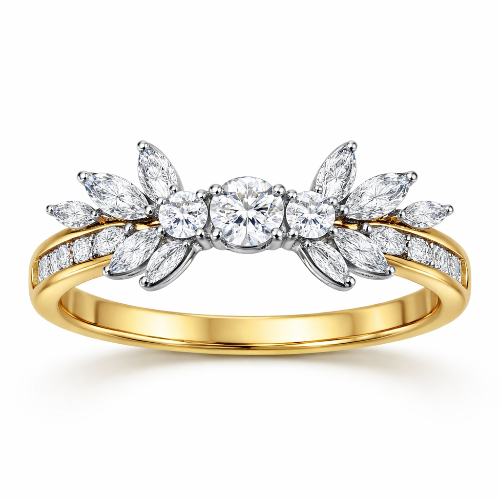 Create a ring with 3 round diamonds the largest being .25 , 7 marquise diamonds with the largest being.6 , several baguettes on yellow gold set in platinum