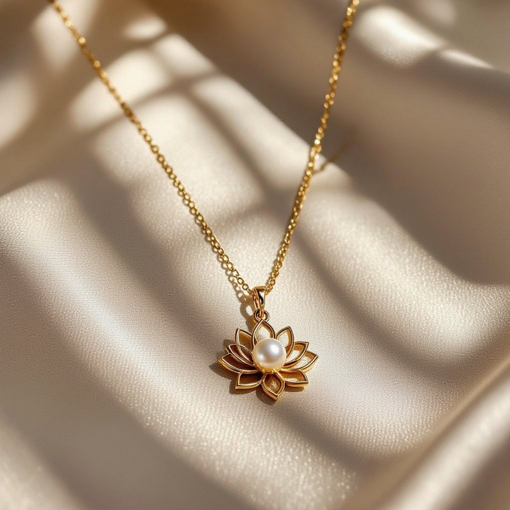 Украшение на шею золотая цепочка с подвеской в виде цветка лотоса с жемчугом по центру